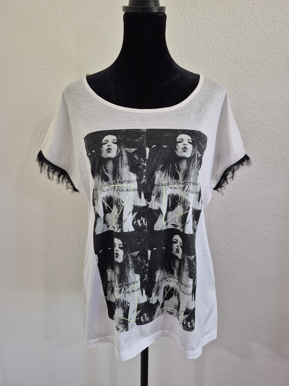 White Graphic Short Sleeve Tee with Black Fringe Trim